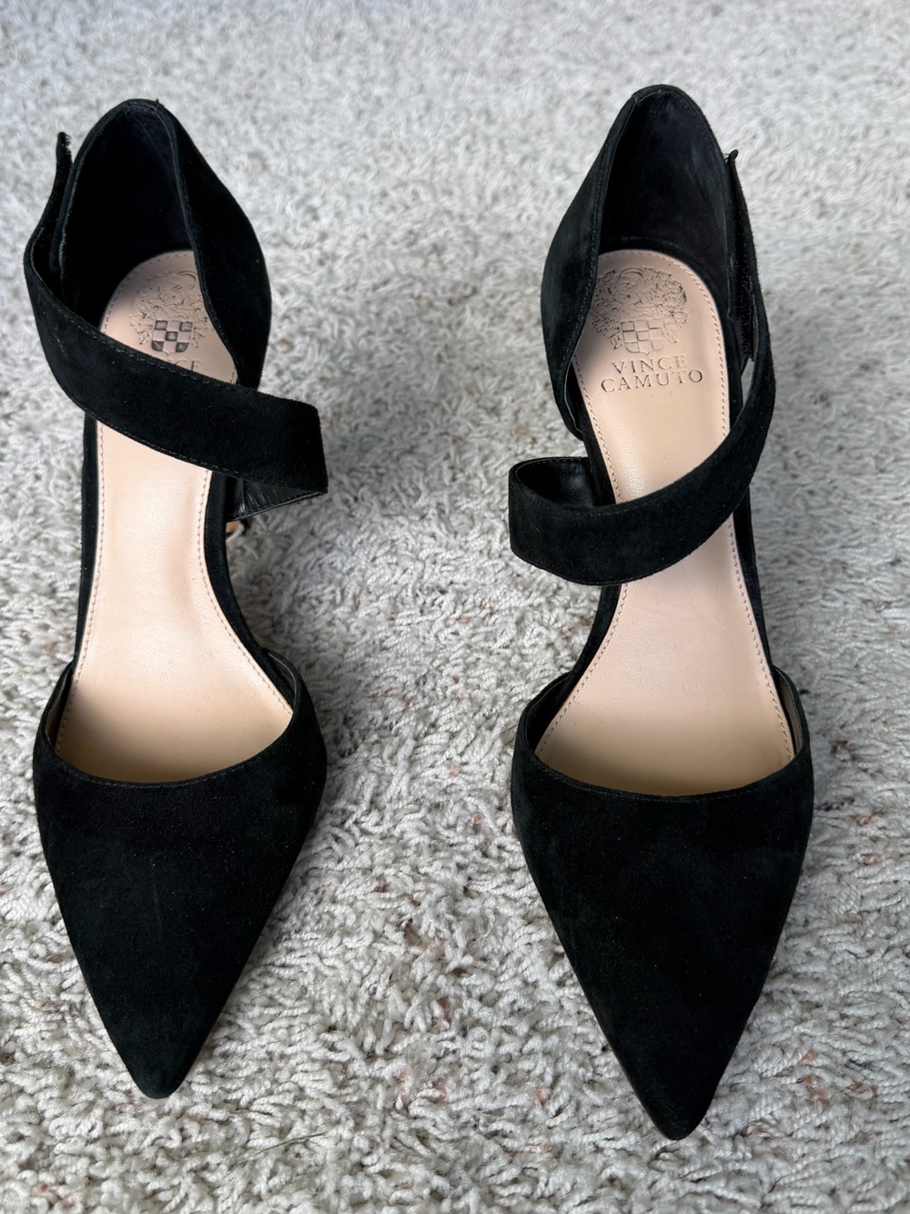Vince Camuto Black Suede Pointed Toe Ankle Strap Pumps